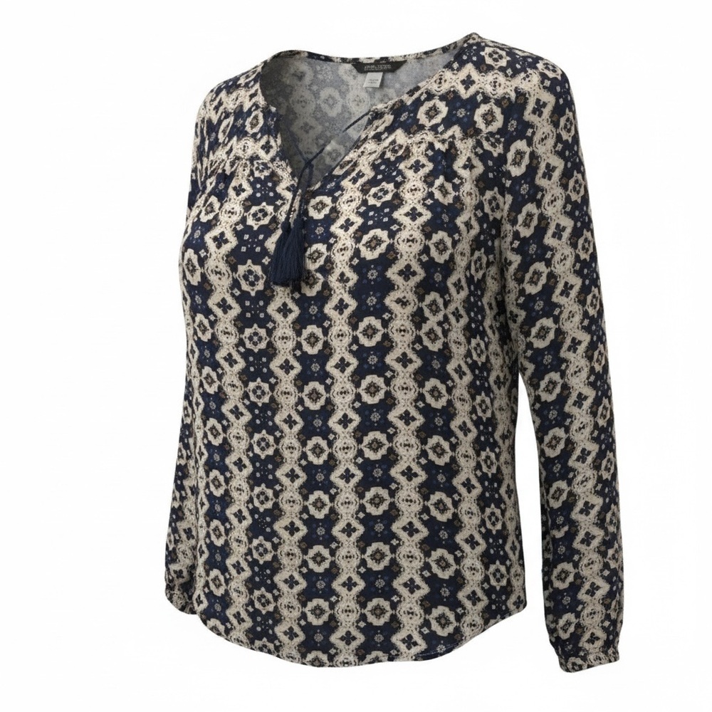 Lucky Brand Navy Boho Print Tassel Blouse 100% Rayon XS